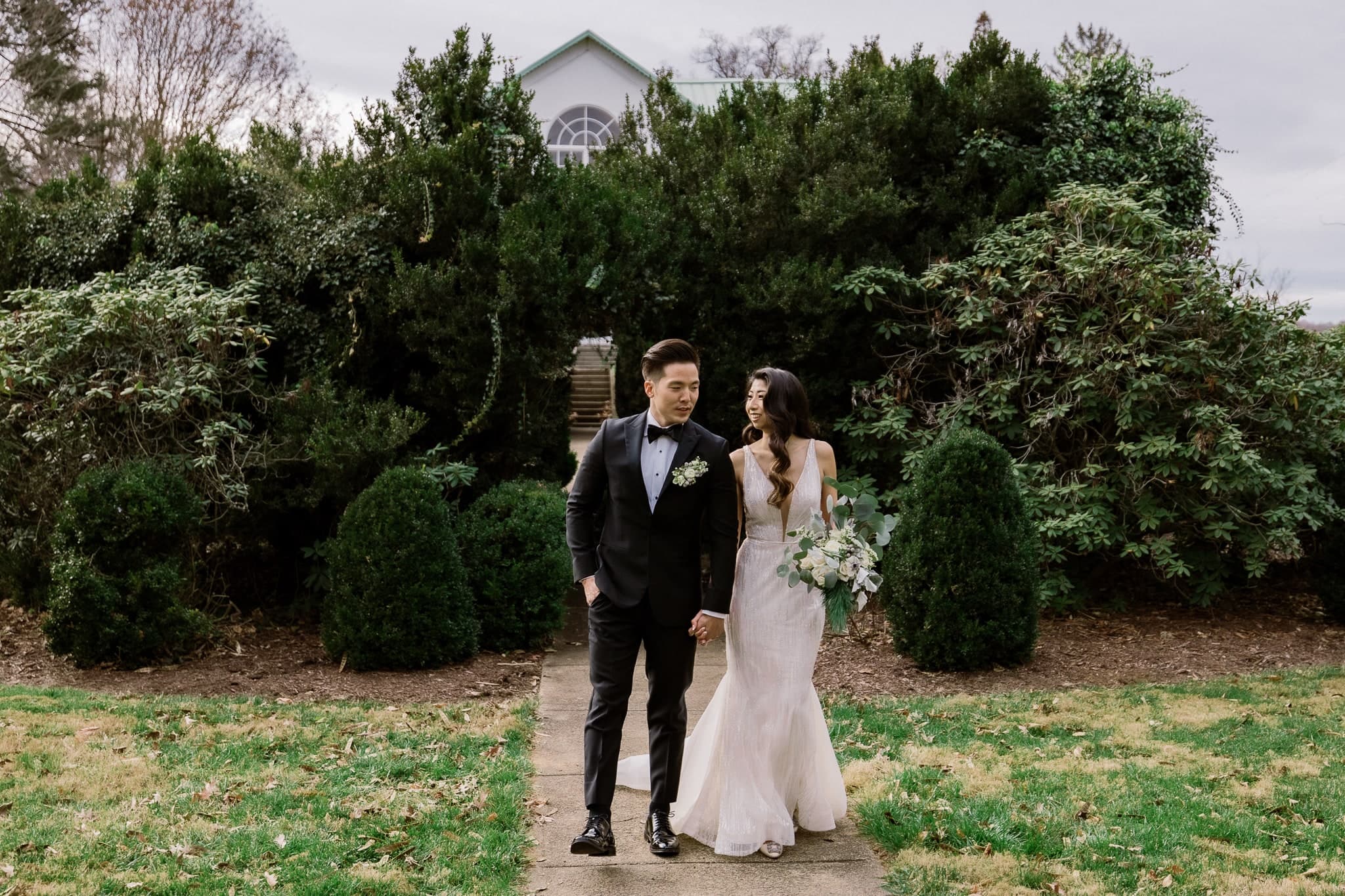 Couple strolling through the garden