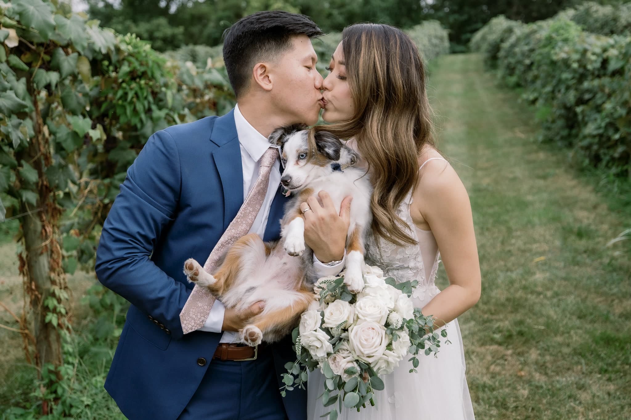 A kiss with the couple's dog in the vineyard