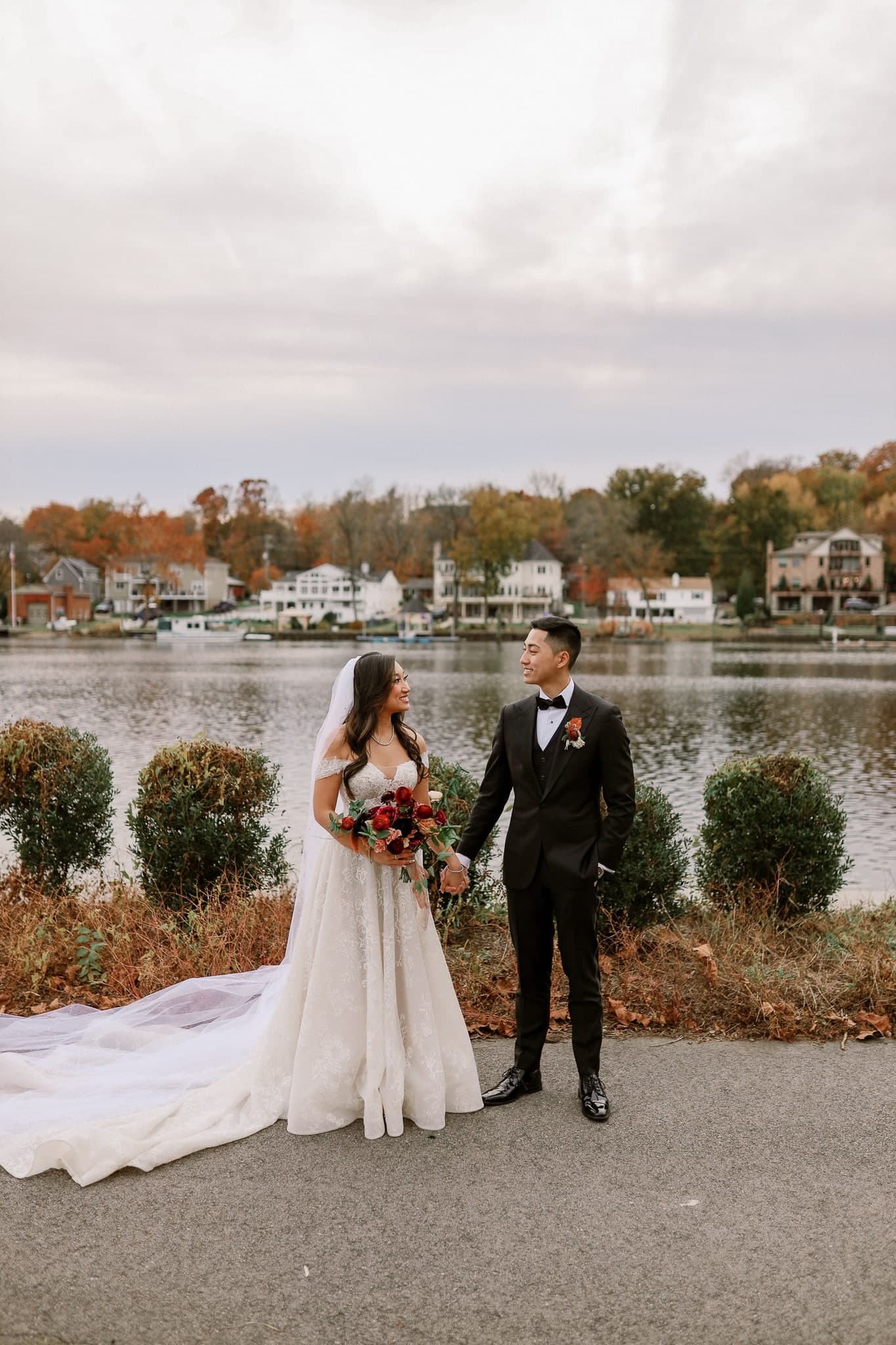 Newlyweds on the lakeside path